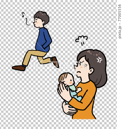 育児をしないで遊び回る夫に嫌気がさす妻のイラスト 育児をしないで遊び回る夫に嫌気がさす妻のイラスト 77005556
