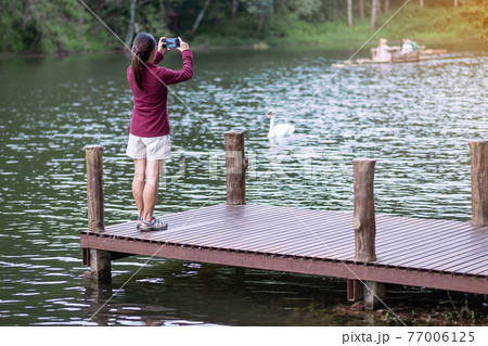 Happy traveler woman taking photo Nature view by smartphone , solo tourist in sweater traveling at Pang Oung, Mae Hong Son, Thailand. travel, trip and vacation concept Happy traveler woman taking photo Nature view by smartphone , solo tourist in sweater traveling at Pang Oung, Mae Hong Son, Thailand. travel, trip and vacation concept 77006125