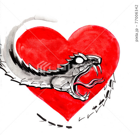 Red heart and snake. Ink drawing Red heart and snake. Ink drawing 77006342