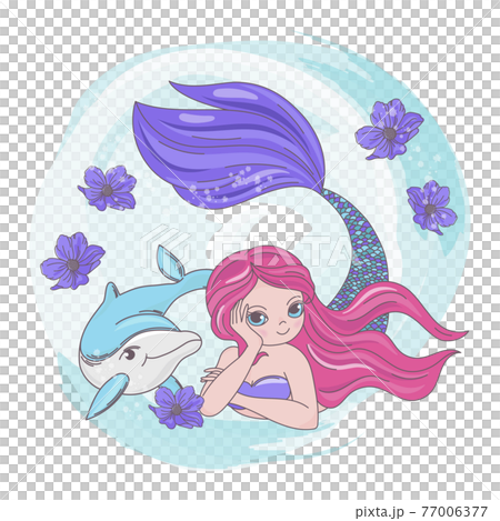 RESTING MERMAID Underwater Pink Haired Princess Girl With Dolphin Sea Ocean Cruise Travel Tropical Cartoon Clip Art Vector Illustration Set For Print 77006377