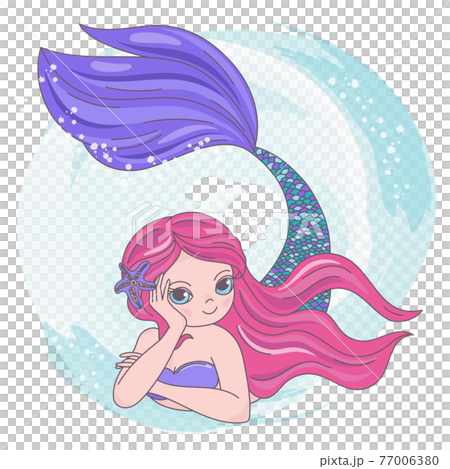 RED MERMAID Underwater Pink Haired Girl Princess Put Her Head On Her Hand Cartoon Sea Ocean Cruise Travel Tropical Clip Art Vector Illustration Set For Print 77006380