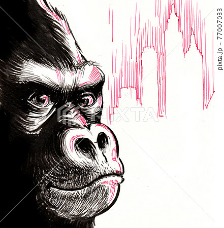 King Kong Gorilla Face And Cityscape Ink Drawingのイラスト素材