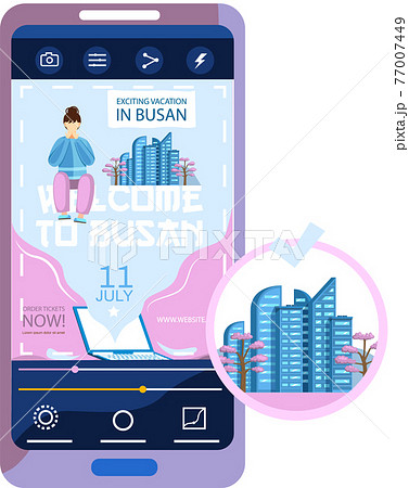 Welcome to Busan tourist travel web page on phone screen with beautiful nature and modern buildings 77007449