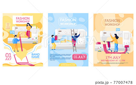 Fashion workshop concept poster. Seamstresses work with sewing machine in studio for tailoring 77007478