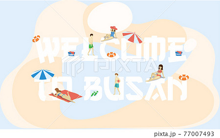 Welcome to Busan tourist travel promotion poster with sunny beach and sea walk, summer tourism Welcome to Busan tourist travel promotion poster with sunny beach and sea walk, summer tourism 77007493