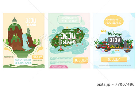 Set of illustrations about adventure to Jeju island concept poster. Layout of travel website Set of illustrations about adventure to Jeju island concept poster. Layout of travel website 77007496