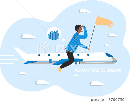 Man flying to Korean city Busan on white plane. Guy on excursion in South Korea, an amusing trip Man flying to Korean city Busan on white plane. Guy on excursion in South Korea, an amusing trip 77007504