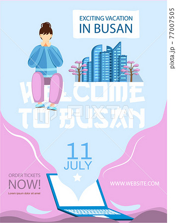 Exciting vacation welcome to Busan. Girl sitting near city with tall buildings and pink trees Exciting vacation welcome to Busan. Girl sitting near city with tall buildings and pink trees 77007505