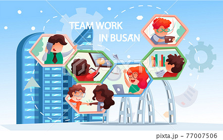 Business people showing joint teamwork, concept banner with text team work in Busan modern city Business people showing joint teamwork, concept banner with text team work in Busan modern city 77007506