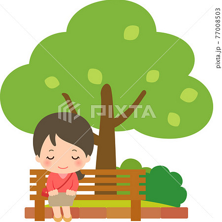 木の傍のベンチに座る若い女性のイラスト素材