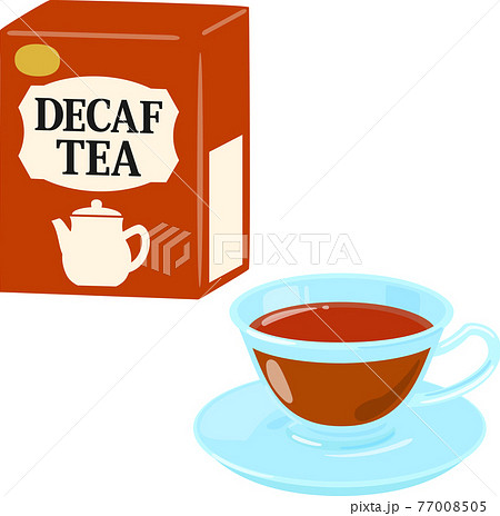 デカフェ紅茶のパッケージとティーカップのイラスト素材