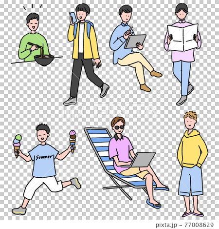 旅行やお出かけを楽しむ若い男性のセットのイラスト素材