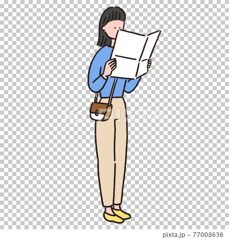 パンフレットを見ている若い女性のイラスト素材