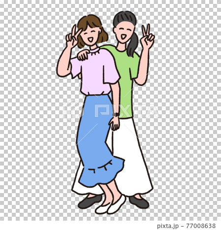 肩を組んでピースをしている若い2人の女性のイラスト素材