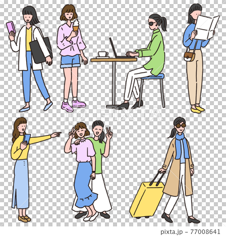 旅行やお出かけを楽しむ若い女性のセットのイラスト素材