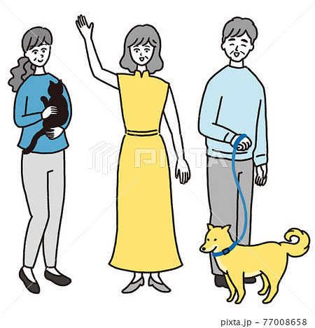 カジュアルな服装の年配の女性と男性 ペット付きのイラスト素材