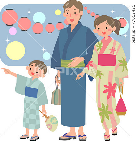 浴衣を着て夏祭りに来た家族のイラスト素材