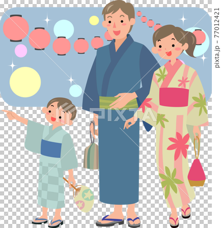 浴衣を着て夏祭りに来た家族のイラスト素材 浴衣を着て夏祭りに来た家族のイラスト素材