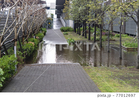 豪雨のあとに水没した道路 77012697