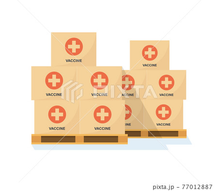 Pallets with boxes of coronavirus vaccine. Warehouse with covid vaccines. Transport of the vaccine. Anti virus campaign. Vector illustration on flat style in white background Pallets with boxes of coronavirus vaccine. Warehouse with covid vaccines. Transport of the vaccine. Anti virus campaign. Vector illustration on flat style in white background 77012887