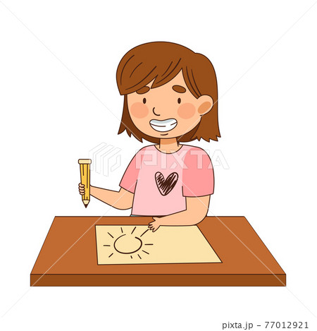Cute Girl Sitting at Table and Drawing with Pencil Vector Illustration Cute Girl Sitting at Table and Drawing with Pencil Vector Illustration 77012921