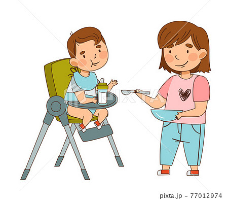 Sister Spoon Feeding Her Little Brother Sitting... - Stock Illustration  [77012974] - PIXTA