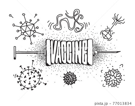 Viruses and a syringe with a dose of vaccine for vaccination 77013834