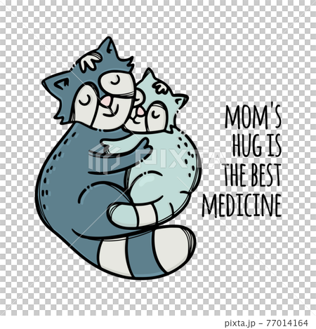 PUSSY HUG HER SON Mothers Day Parental Relationship Cute Animals Friend To Friend Handwriting Text Hand Drawn Clip Art Vector Illustration Set For Print 77014164