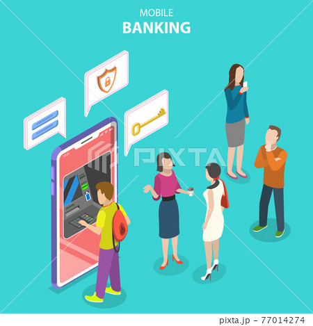 Isometric flat vector concept of mobile banking, protected money transaction. 77014274