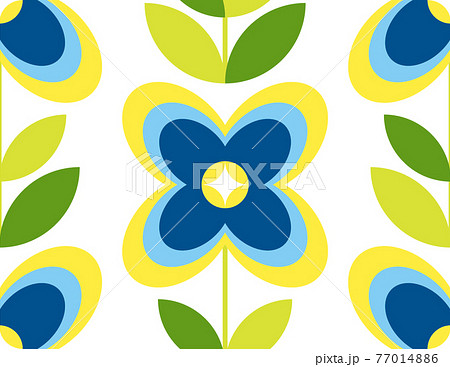 4枚花びらの青い花のレトロなシームレスパターンのイラスト素材