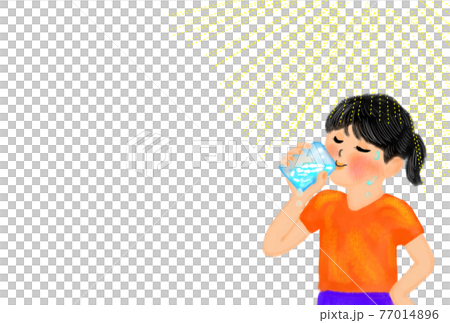 冷たいの飲み物で水分補給する女の子のイメージイラスト。 77014896