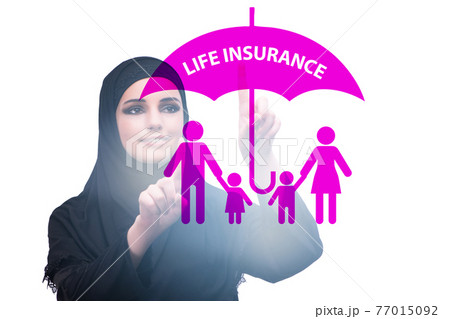 Life insurance concept with businesswoman pressing button Life insurance concept with businesswoman pressing button 77015092