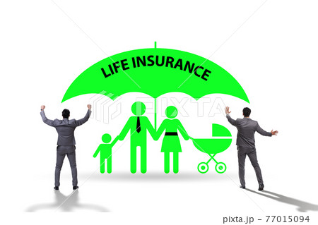 Life insurance concept with family under umbrella Life insurance concept with family under umbrella 77015094