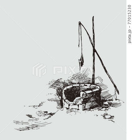 Man and camels at withered well in desert. Vector drawing 77015230