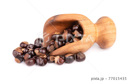 Guarana seed in wooden scoop, isolated on white background. Dietary supplement guarana, caffeine cource for energy drinks. Guarana seed in wooden scoop, isolated on white background. Dietary supplement guarana, caffeine cource for energy drinks. 77015435