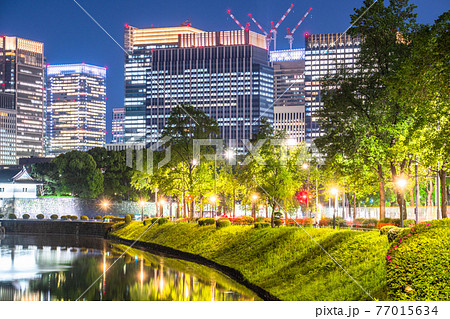 《東京都》丸の内オフィス街・新緑の桜田濠《夜景》 77015634
