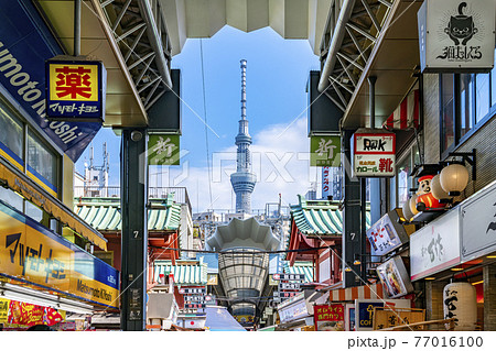 東京都 浅草の新仲見世商店街から見える東京スカイツリーの写真素材