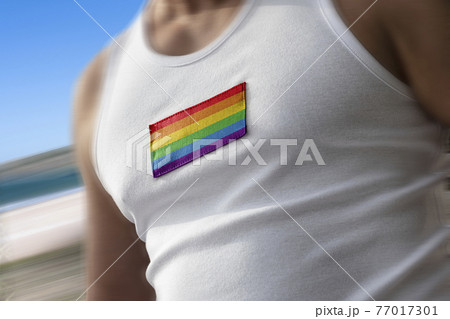The national flag of lgbt on the athlete's chest 77017301