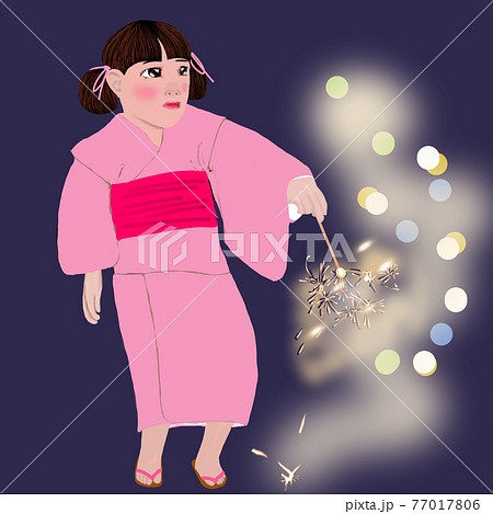 線香花火をする浴衣を着た少女のイラスト素材