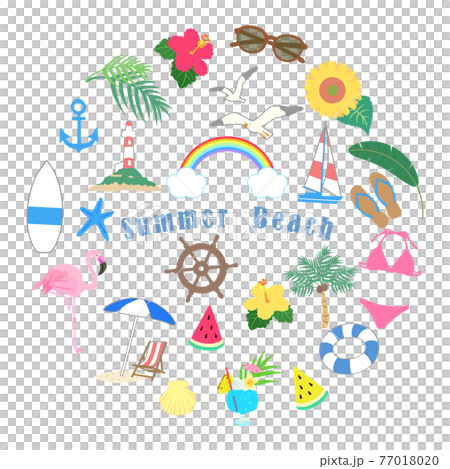 夏のビーチ 丸いアイコン イラストセットのイラスト素材