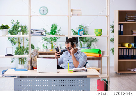 Young male employee working in the office Young male employee working in the office 77018648