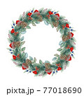 Festive winter wreath. Round pine tree seasonal decoration with red ribbon, cones. Watercolor illustration. Christmas evergreen holiday wreath. Winter green natural decor element. White background 77018690