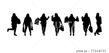 Set of silhouettes of shopping woman with bags. Black color. Variuos poses. Thick figure. Vector illustration. 77018725