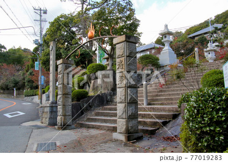 甲山の南側の山麓に位置する甲山大師神呪寺 大師道より遍照金剛と左右に書かれた石門から階段を上がる 甲山の南側の山麓に位置する甲山大師神呪寺 大師道より遍照金剛と左右に書かれた石門から階段を上がる 77019283