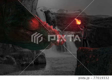 Concept of confidence - Man facing a dragon 77019332