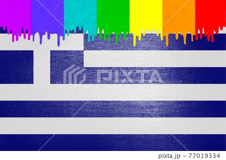 Paint (rainbow flag) is dripping over the national flag of Greece Paint (rainbow flag) is dripping over the national flag of Greece 77019334