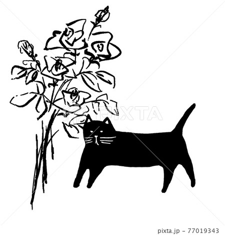 猫とバラ 単色イラストのイラスト素材 猫とバラ 単色イラストのイラスト素材