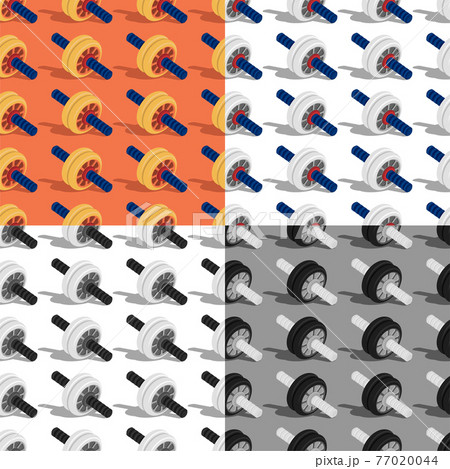 set of seamless patterns with realistic sports ab wheel for press training. Ornament for decoration and printing on fabric. Design element. Vector in cartoon 77020044
