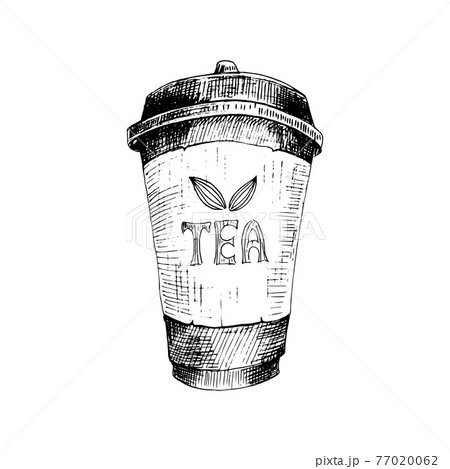 Tea paper cup. Hand-drawn sketch. Disposable to go cup with lid 77020062