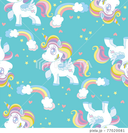 Seamless vector pattern with cute unicorns turquoise Seamless vector pattern with cute unicorns turquoise 77020081